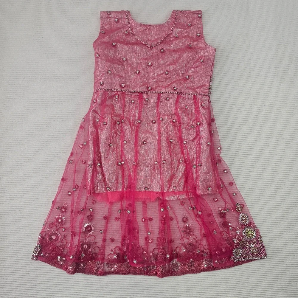 Girls Pink Embellished Indian DesiTunic Skirt Set Size 10 Beaded Sparkly Festive